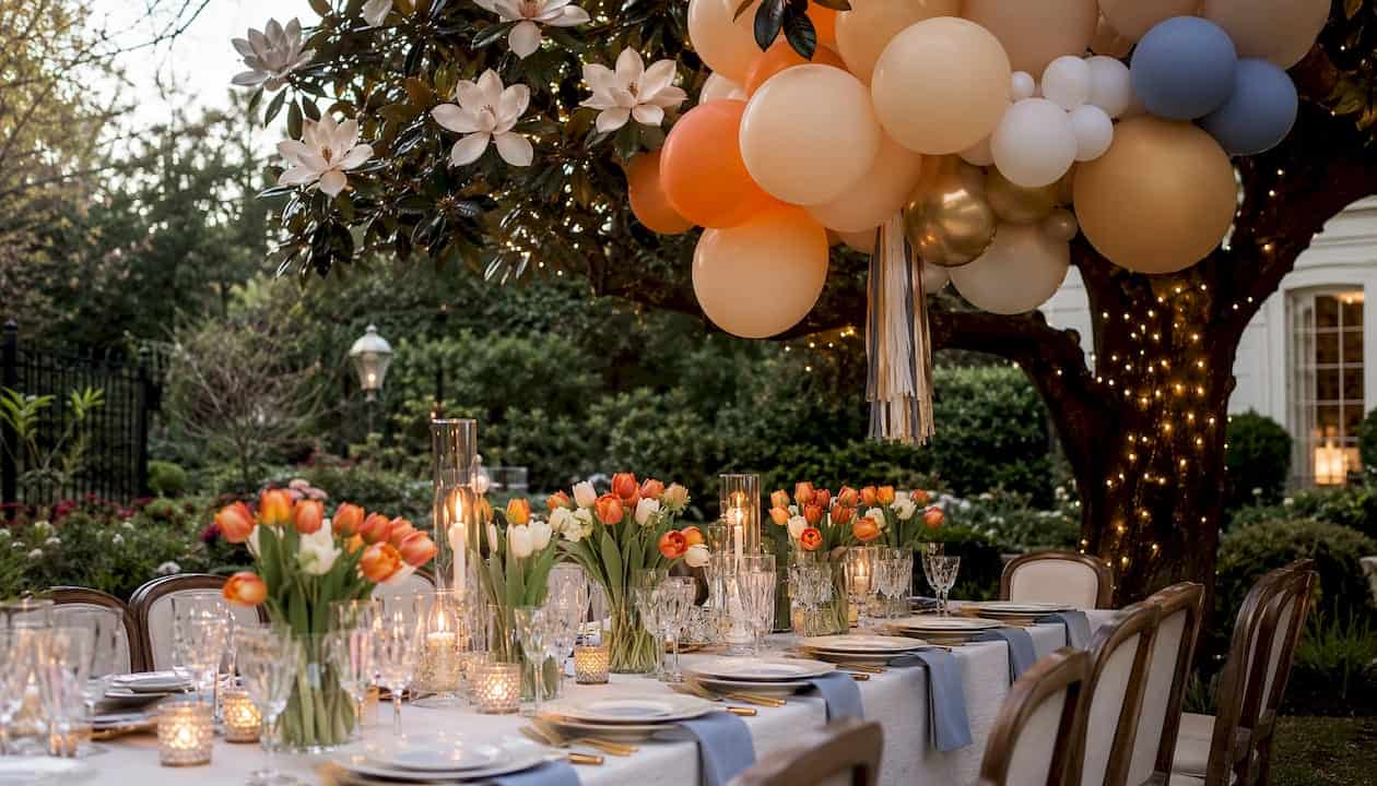 Luxury Flower Arrangements for Atlanta Events: 2026 Guide Spring luxury flower arrangement with balloons at Atlanta garden venue