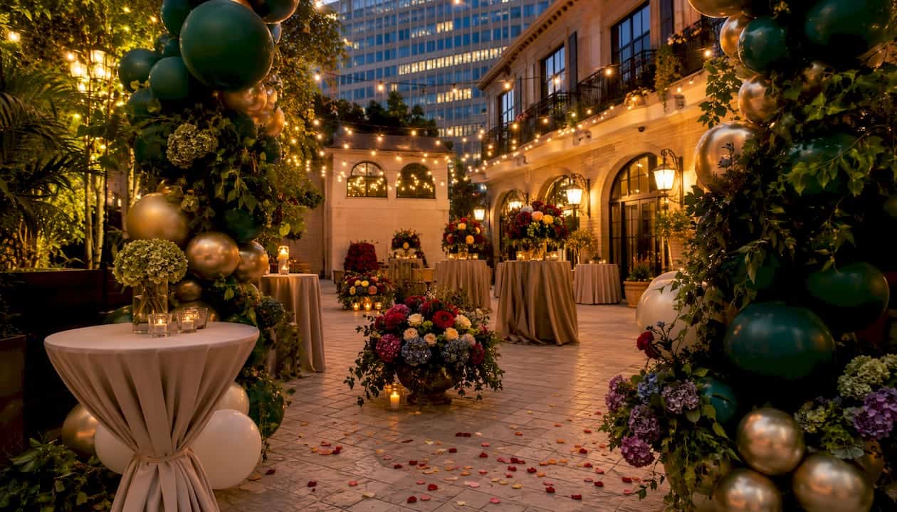 Luxury floral and balloon arrangement at Atlanta event venue
