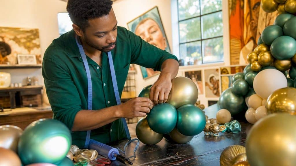 Artist tying balloon cluster in sunlit studio