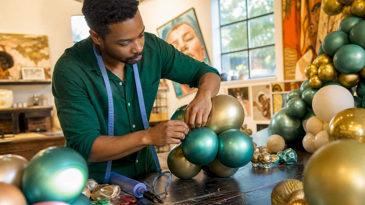 Artist tying balloon cluster in sunlit studio