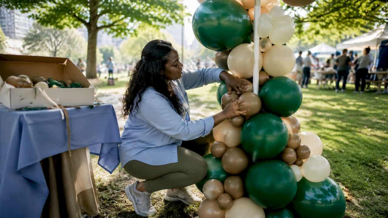 Balloon artist setting up vibrant balloon column outdoors