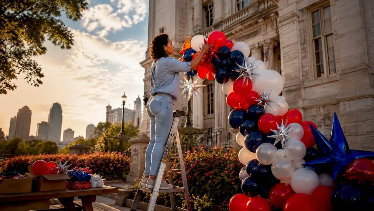 Decorator setting up patriotic balloon arch outdoors
