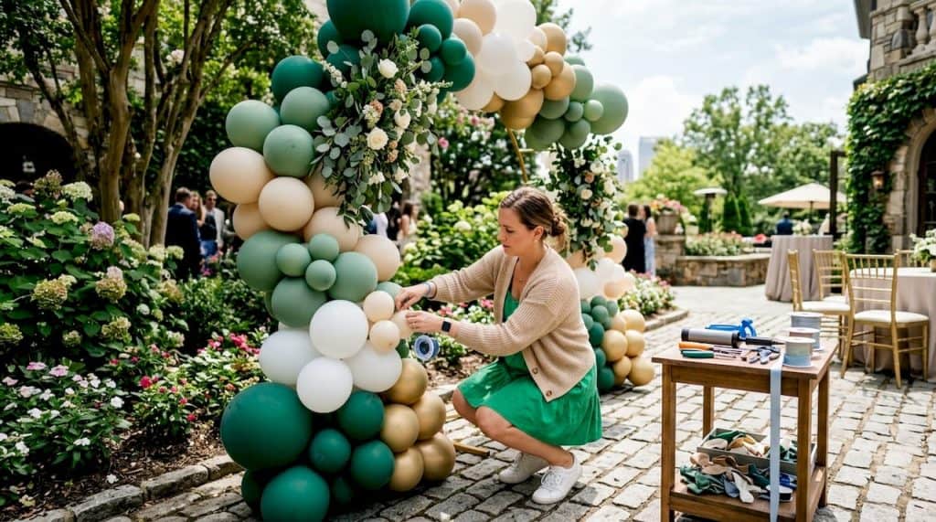 Balloon artist arranging custom balloon arch at event