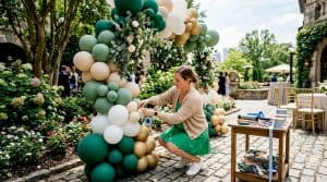 Balloon artist arranging custom balloon arch at event
