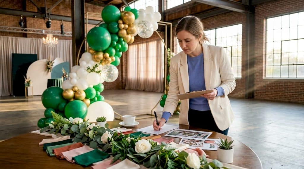 Fortune 500 Corporate Event Decor: A Planner's Guide 1 Planner reviewing corporate event decor samples