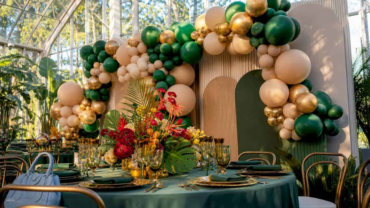 Luxury emerald and gold balloon arch at Atlanta garden event