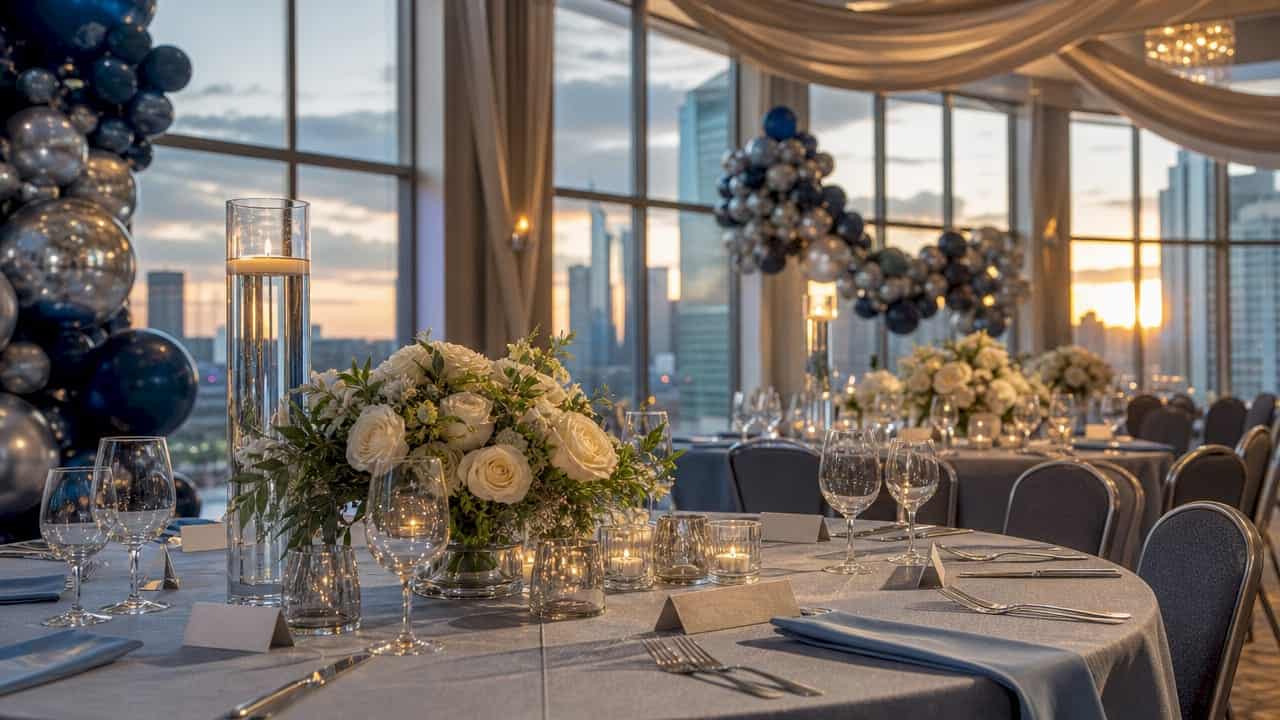 Wide shot of architectural draping in Atlanta corporate event