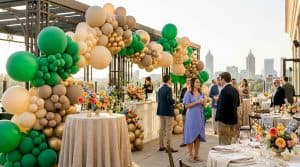 Balloon garlands and florals decorating Atlanta event ballroom