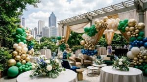 Luxury Atlanta event decor with balloons and floral arrangements