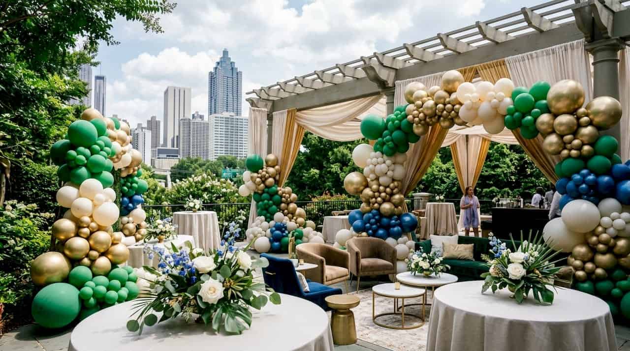 Luxury Atlanta event decor with balloons and floral arrangements