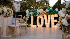 Illuminated marquee balloon letters at Atlanta wedding venue