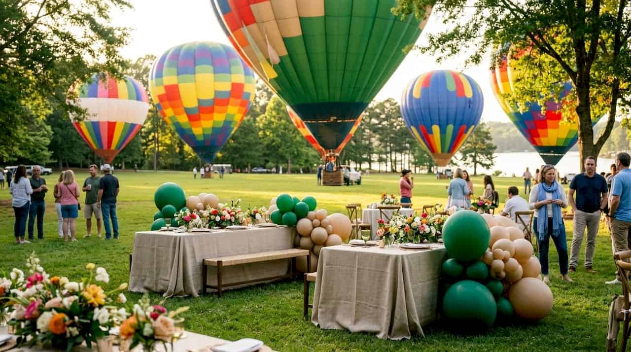 Wide view of luxury hot air balloon event setup outdoors