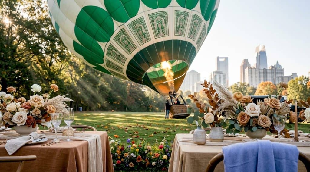 Ballooning over Atlanta: Your 2026 Adventure Guide Hot air balloon launch event with luxury decor near Atlanta