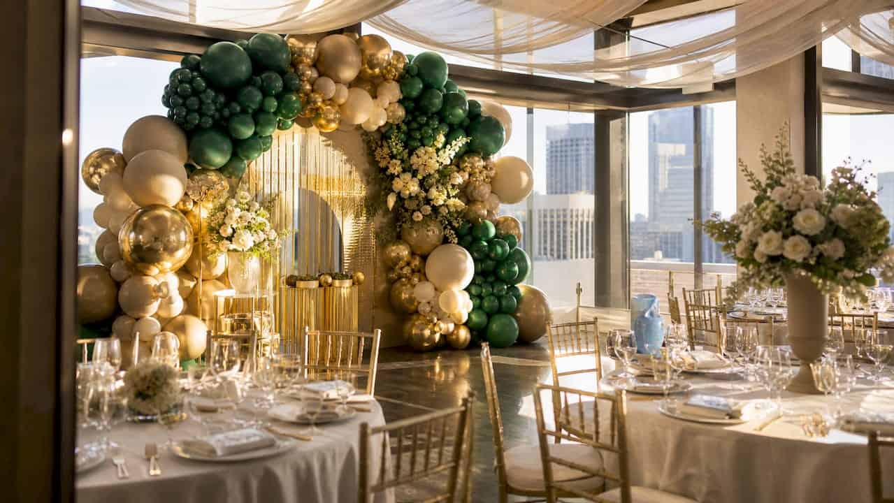 Wide shot of luxury balloon decor at iconic Atlanta venue
