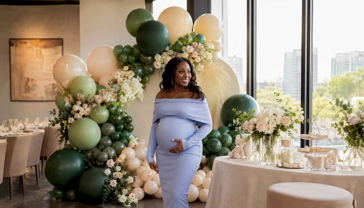Design Stories 87 Outdoor themed baby shower with balloons and floral decor
