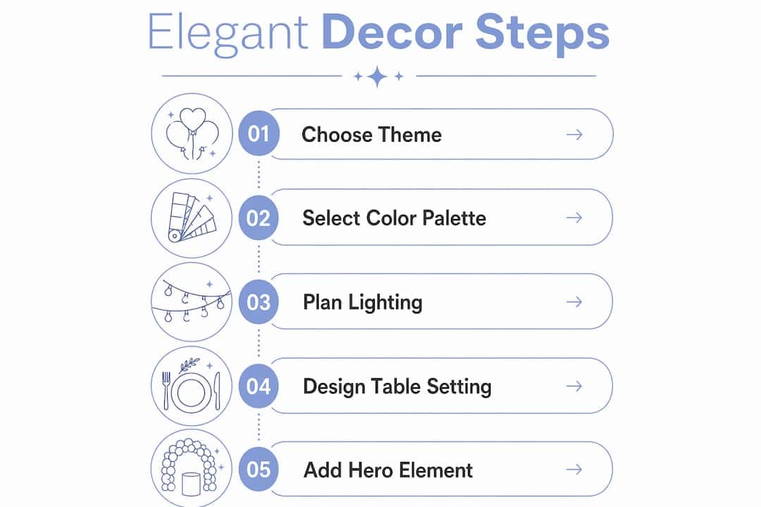 Elegant Birthday Party Decor Explained: Your 2026 Style Guide Infographic outlining elegant birthday decor steps