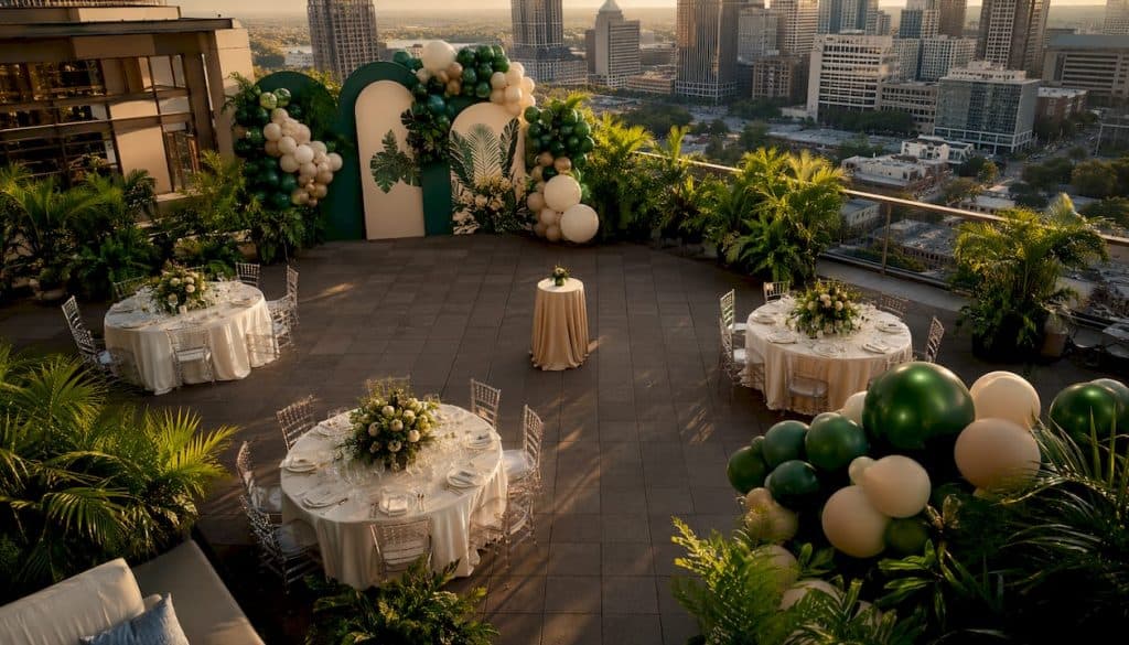 The Role of Graphics in Event Decor for Atlanta Luxury Events 5 Wide shot luxury Atlanta event space with graphics and balloons