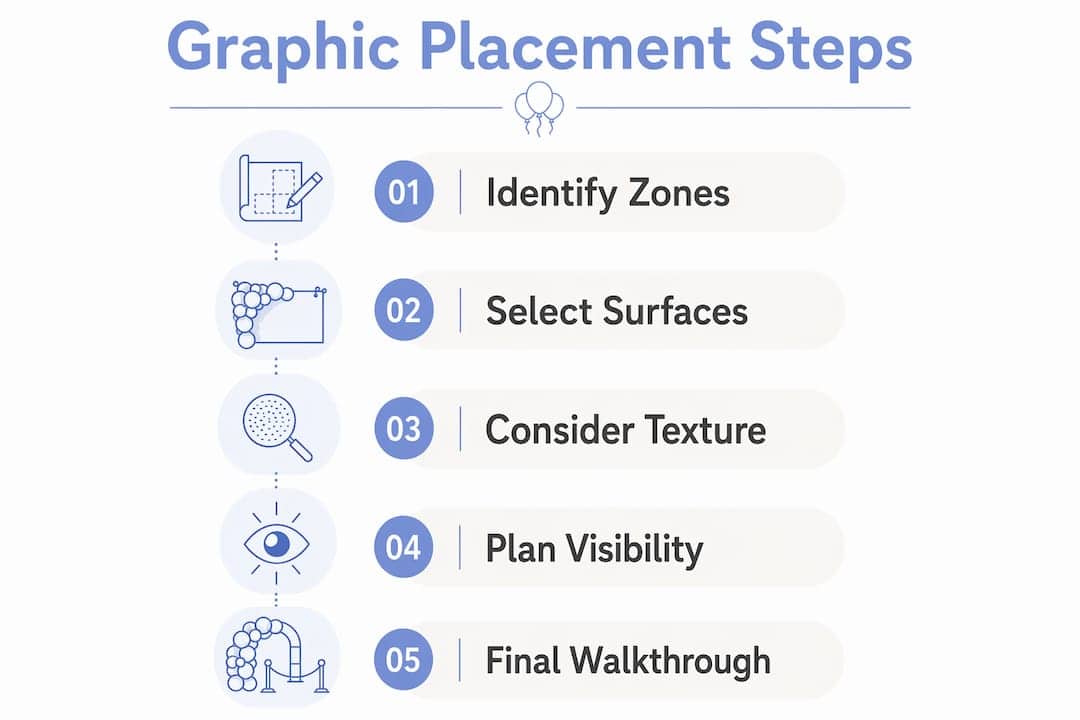 The Role of Graphics in Event Decor for Atlanta Luxury Events Infographic showing steps for graphic placement in luxury events