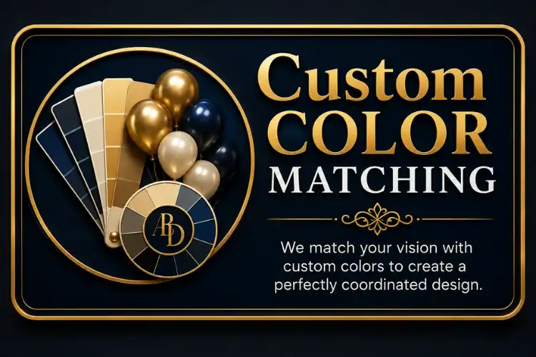 Balloon Decor Pricing 30 Custom balloon color matching service by Atlanta Balloon Designer using premium balloon brands to accurately match corporate brand colors, school colors, sports teams, company logos, wedding palettes, and luxury event themes for a cohesive custom event design.