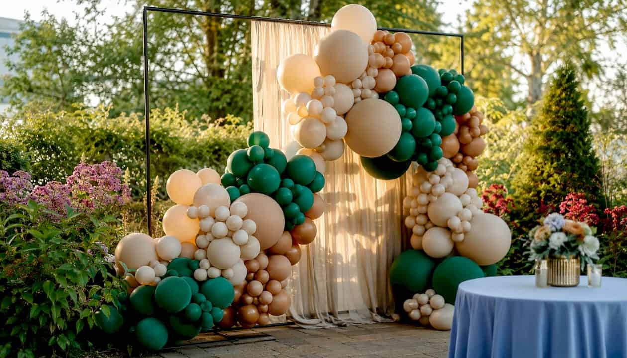 What Is a Balloon Photo Wall? A Planner's Guide Organic balloon photo wall with flowing clusters in event hall