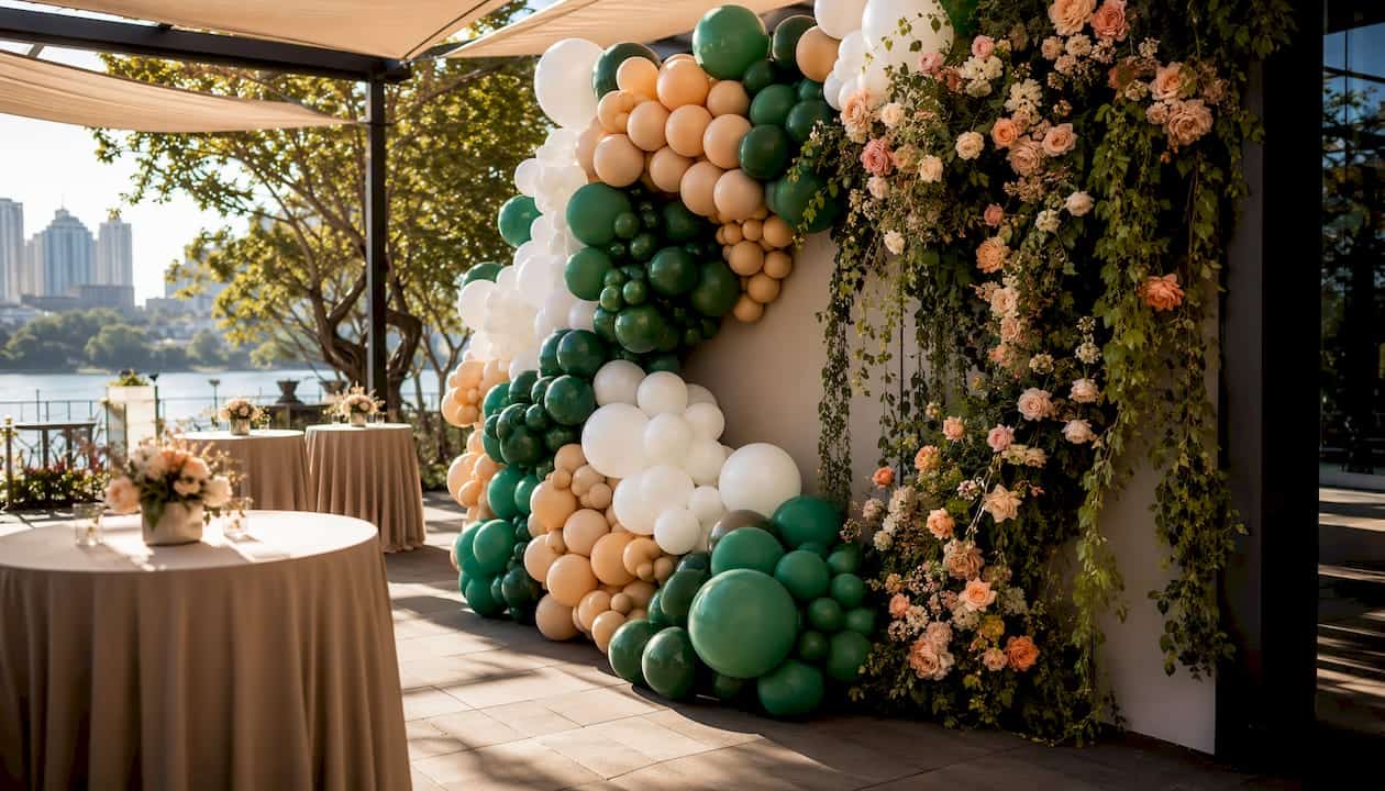 Elegant balloon photo wall with floral accents at Atlanta venue