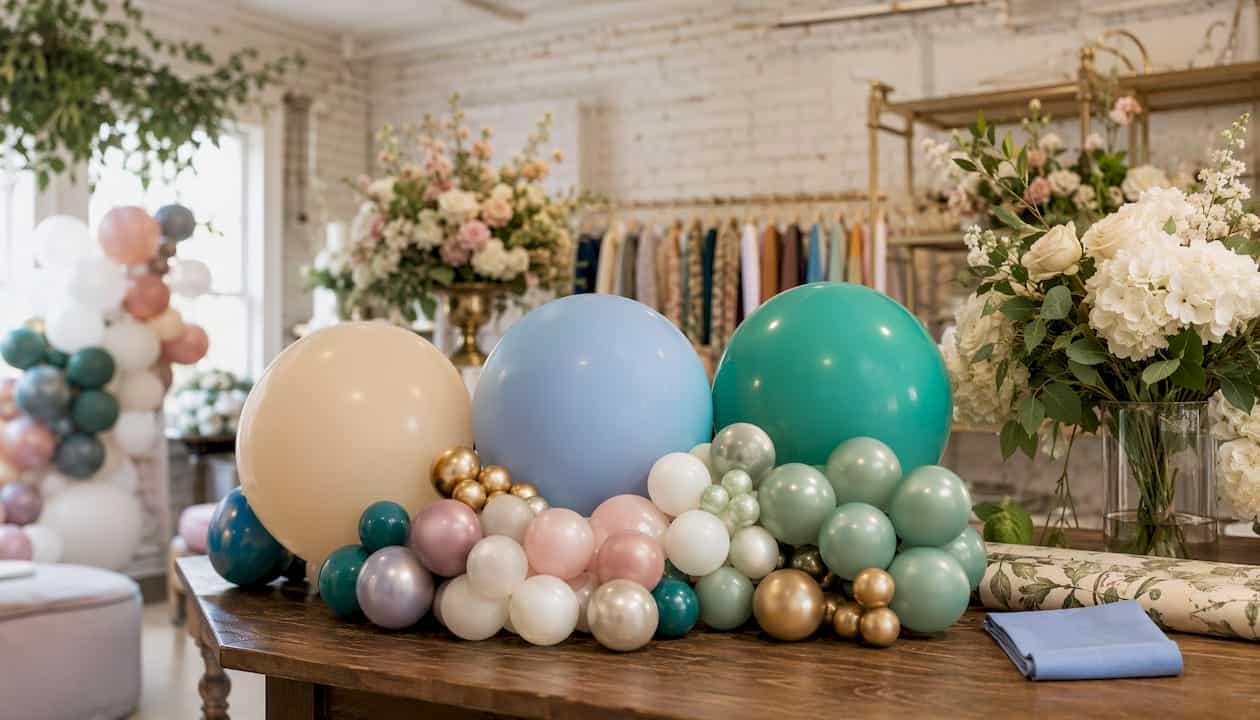 What Is a Balloon Photo Wall? A Planner's Guide Assorted balloon sizes and materials on table with floral decor
