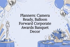 Corporate awards banquet balloon decor title card