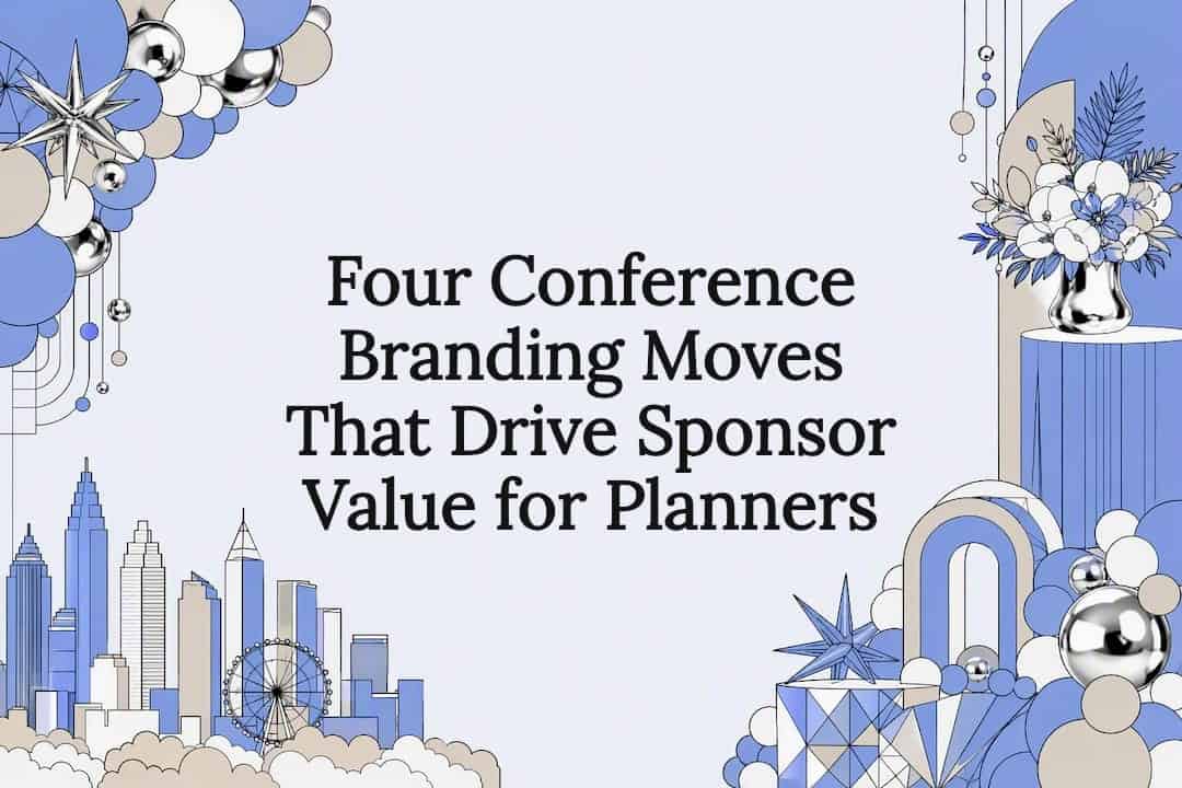 Conference branding title card with balloon accents
