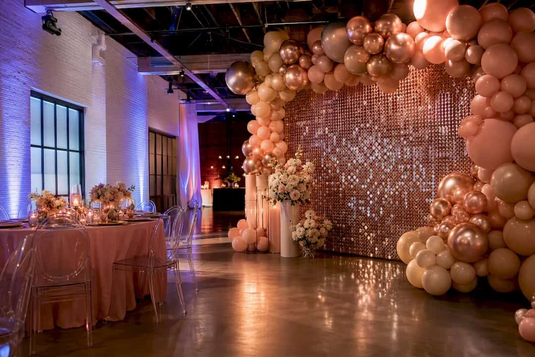 Make Sequin Walls With Balloons Sparkle in Photos for Atlanta Planners Rose gold sequin wall with blush balloons