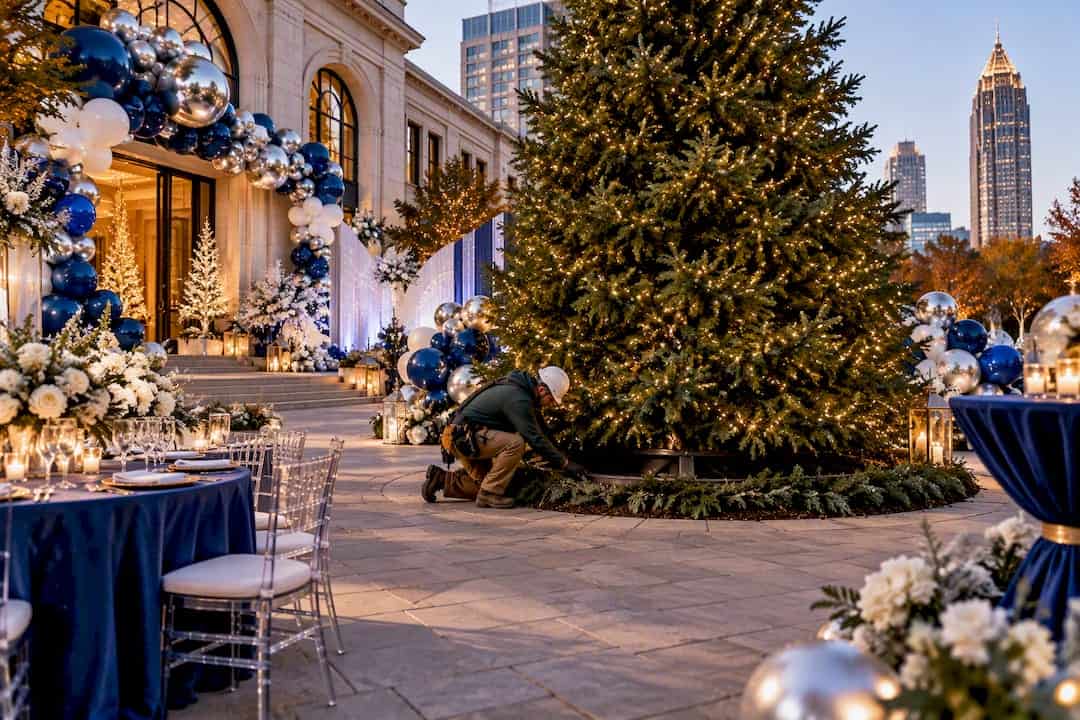 Planners: 60 Days to File Permits, Photo Ready Tree Lighting Arborist inspecting Atlanta event tree