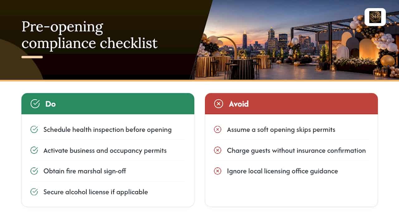 Soft Opening Ideas: 6 Week Checklist and Kay's Balloon Styling Fixes Soft opening compliance requirements overview