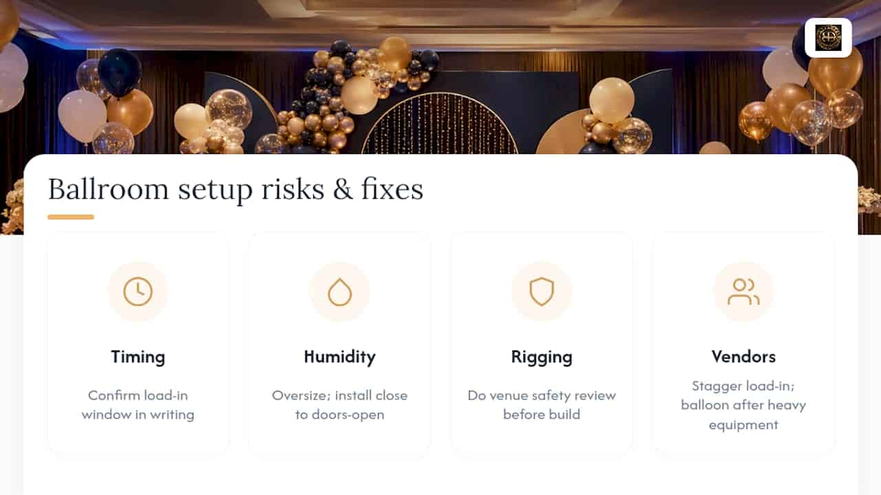 Avoid Rigging Delays: Planners, Book 4–12 Months for Hotel Ballroom Balloon Decor 2 Four ballroom setup risks and prevention steps
