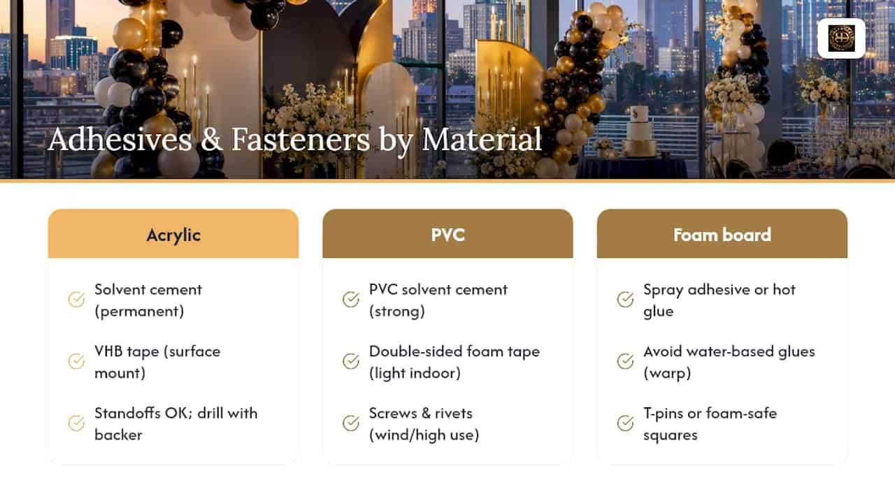 Event Planners: Foam Board vs Acrylic, 4x4 ft Install Rule & 10mm PVC 2 Adhesives and Fasteners: What Actually Bonds to Each Material — overview diagram