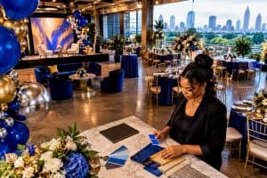 Planner comparing color swatches at Atlanta event