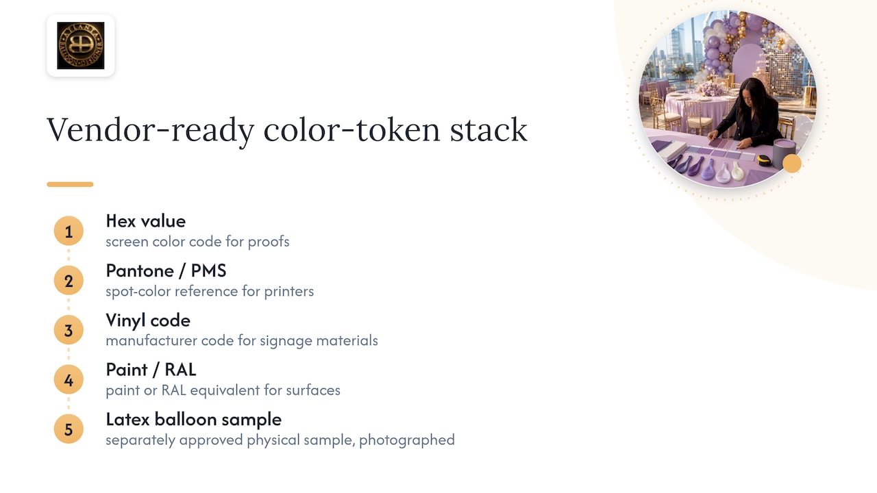 Three Step Event Color Matching for Planners: Pantone to Balloons 1 Color token stack for event production