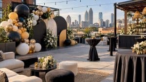 Luxury Atlanta rooftop event with balloon installation