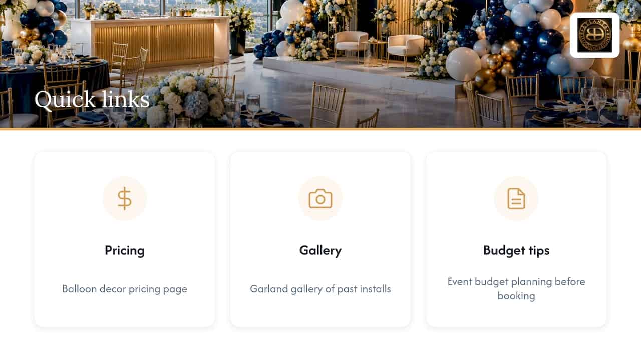 Atlanta Balloon Garland Prices: Small $150–$325, Premium $650+ 2 Quick links: internal pages and partner resources — overview diagram