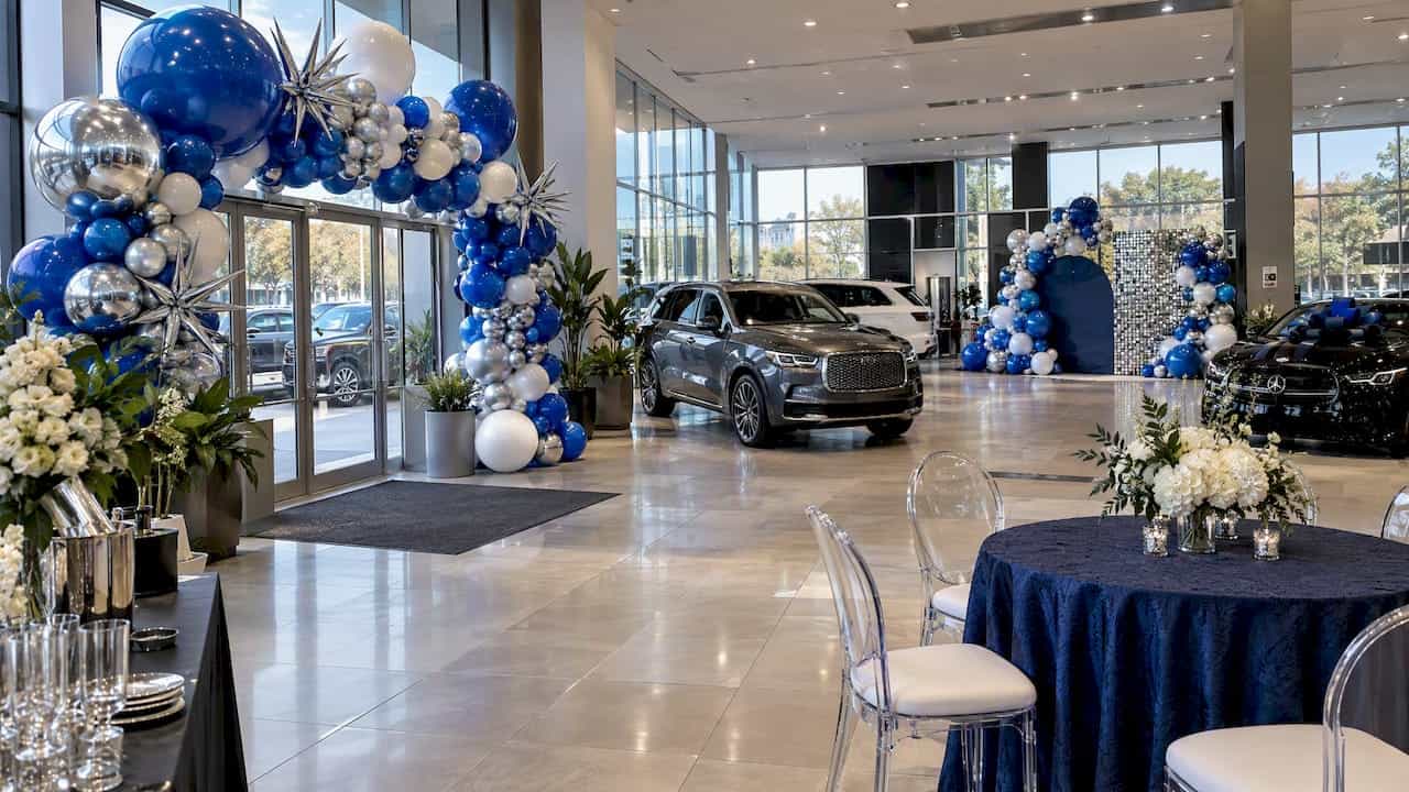 Cobalt and chrome arch inside dealership showroom