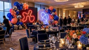 Glass neon and LED signs in balloon event décor