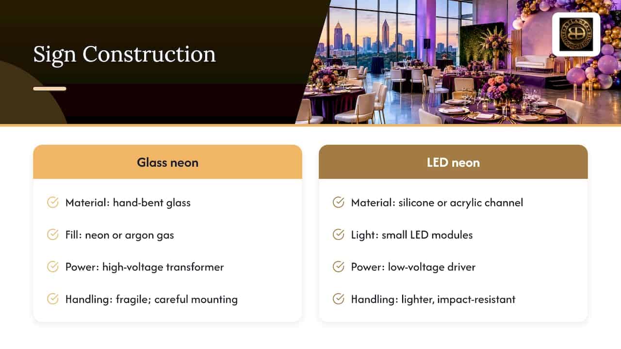 Neon vs. LED Signs for Events and Stores: Photo Glow or Lower Bills? 1 How glass neon and LED "neon" differ in construction — overview diagram