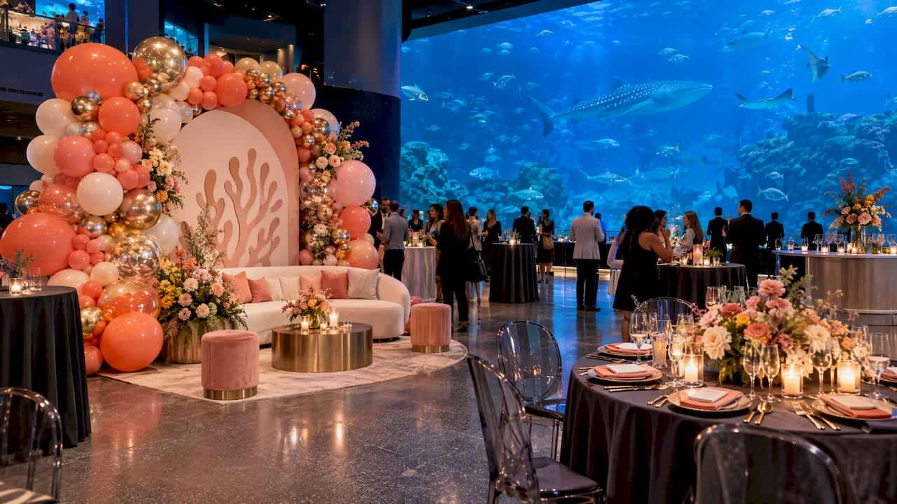 Atlanta aquarium event with coral balloon photo backdrop