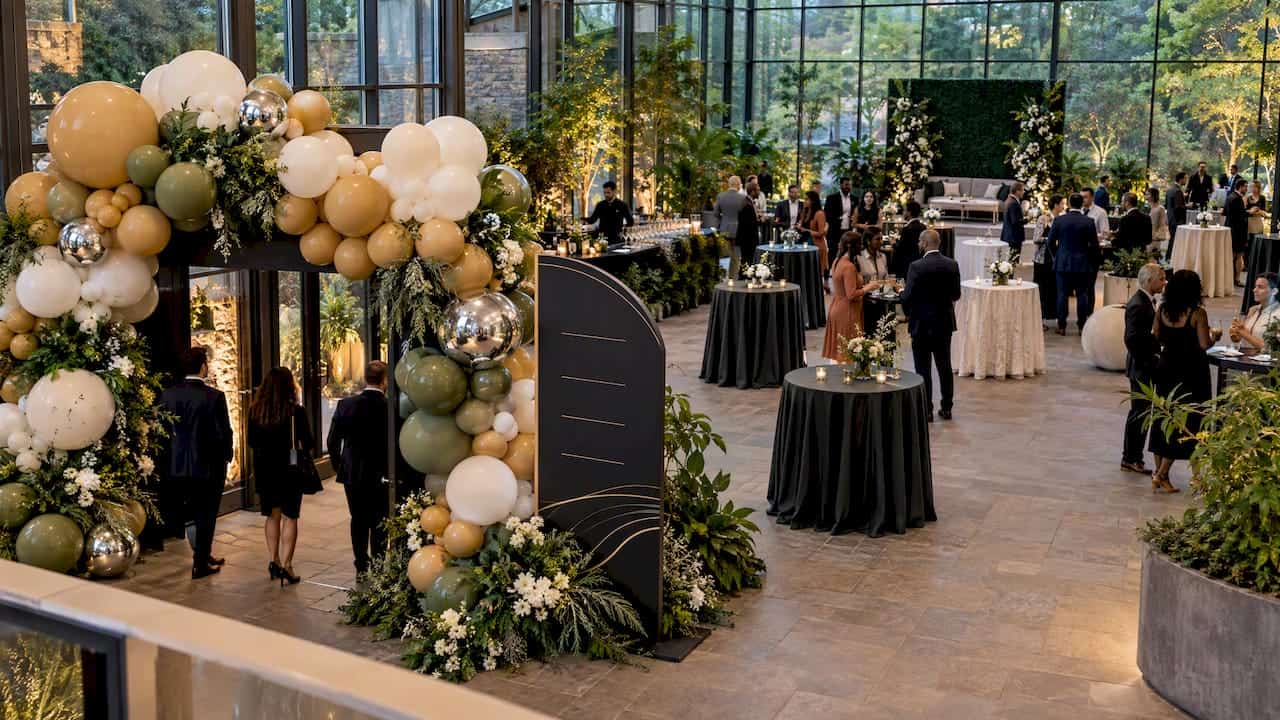 Balloon welcome arch beside event wayfinding sign