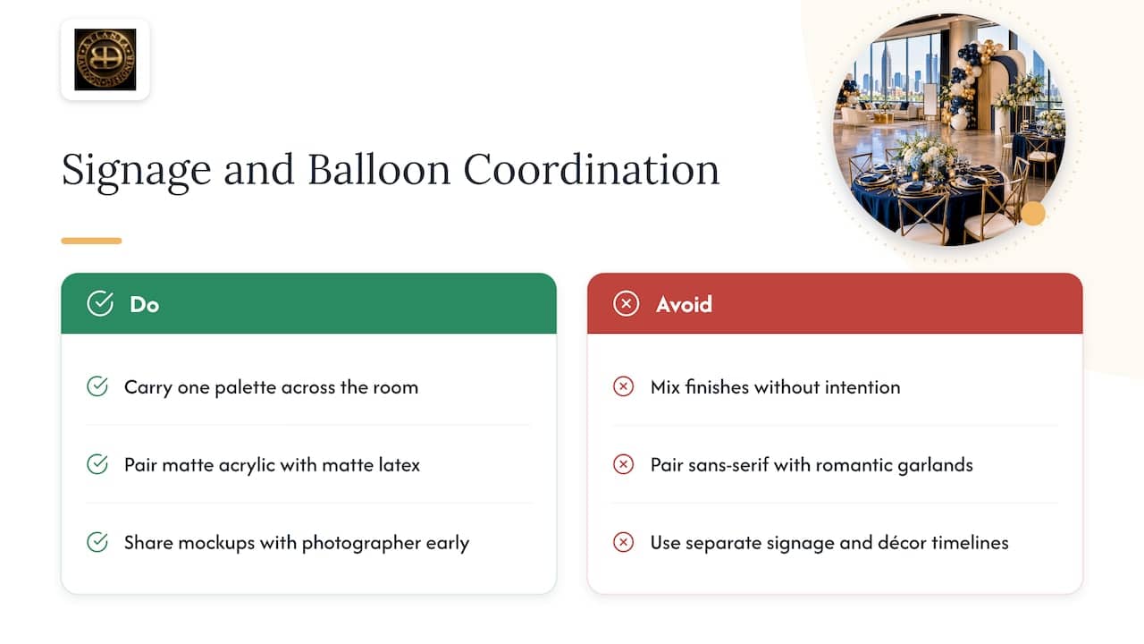 Event Signage Ideas for Planners: 4 Priorities That Shape the Visit 2 7. Coordinating Signage Colors and Styles With Balloon Décor — overview diagram