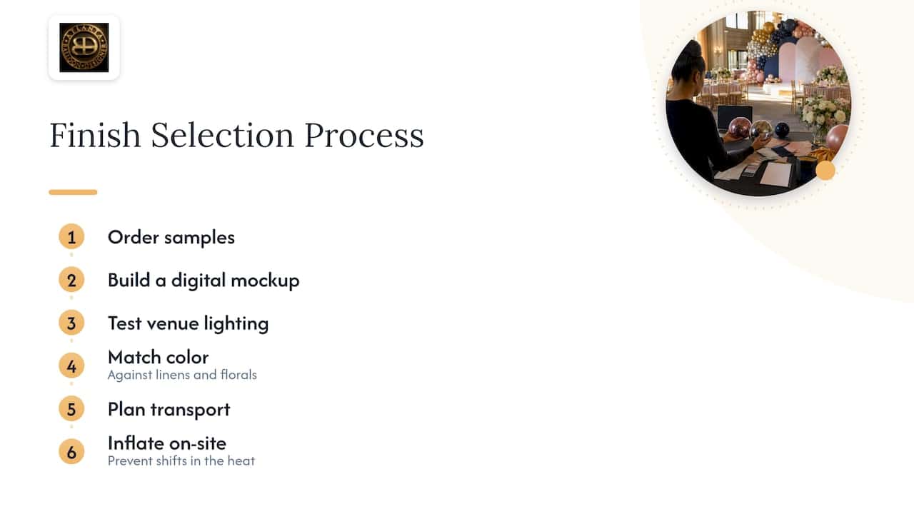 Chrome vs. Metallic Balloons: Atlanta’s Venue Light Test 2 6. What we do before locking in a finish — overview diagram