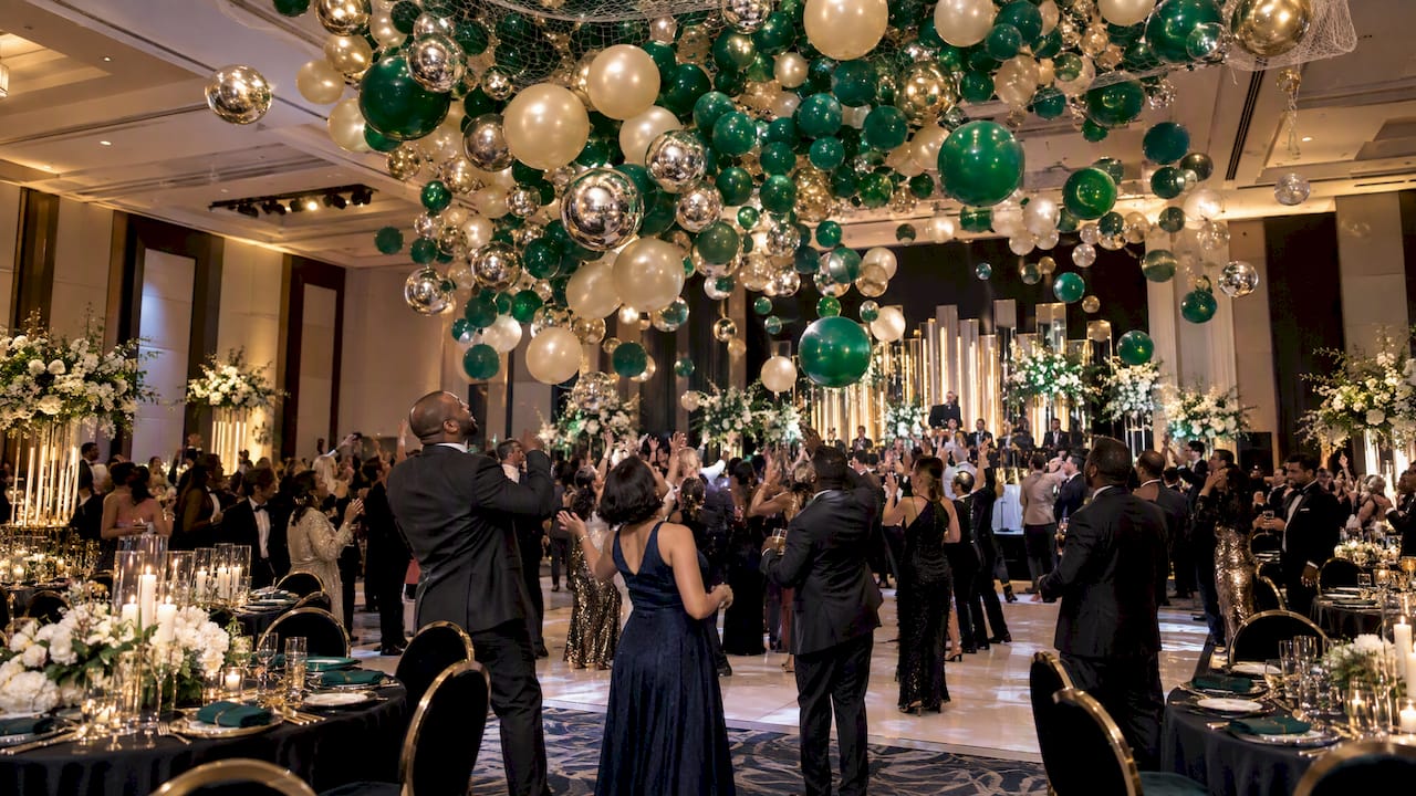 Balloon drop over an Atlanta ballroom dance floor