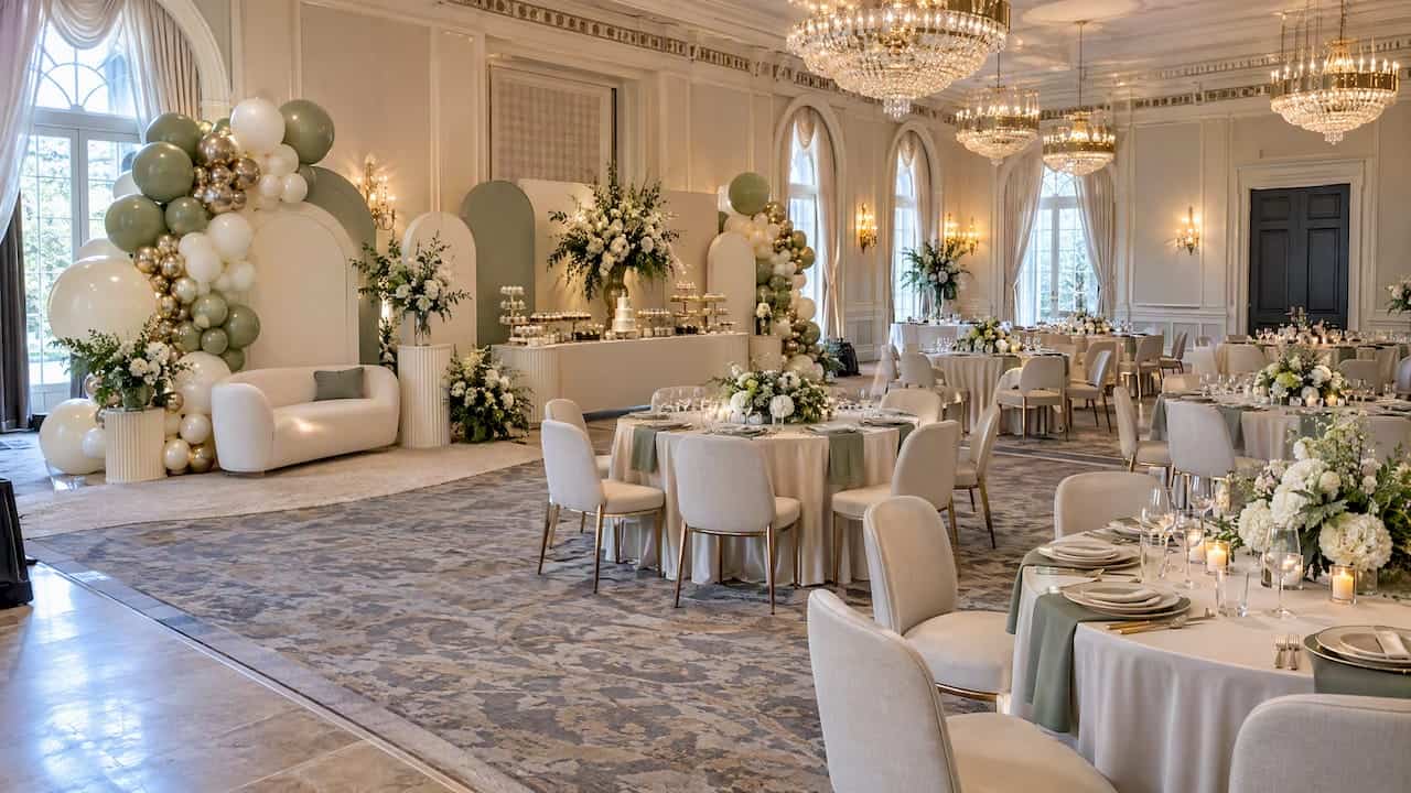 Minimalist Event Decor: Luxury With Fewer, Better Pieces 2 Calm baby shower with arch and sculptural centerpiece