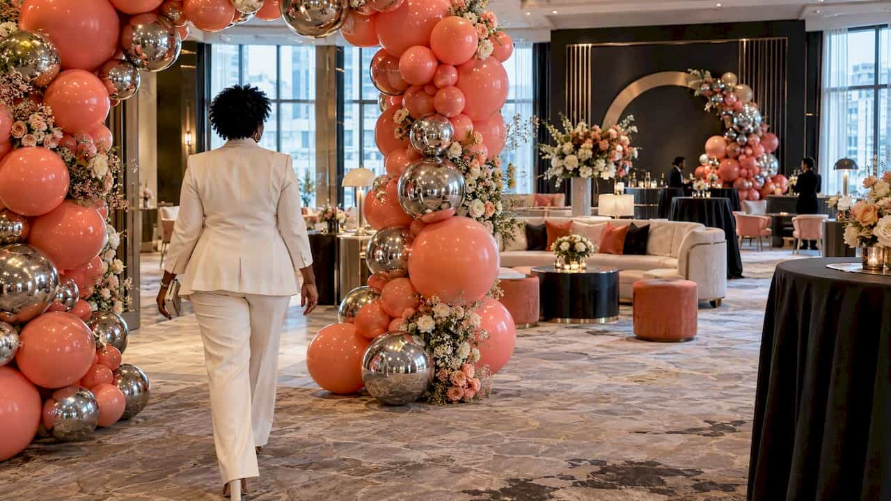 Atlanta VIP lounge with coral balloon arch