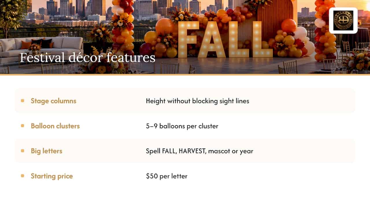 Fall Festival Balloons: Atlanta Décor Ideas That Last 2 Columns, clusters and marquee letters — overview diagram