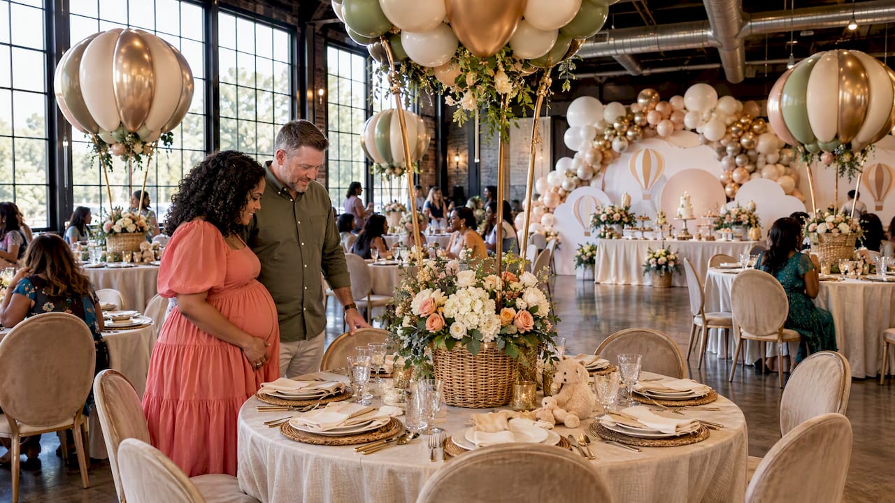 Hot Air Balloon Baby Shower: Luxury Ideas And Styling Guide 1 Basket-anchored balloon bouquets on shower tables